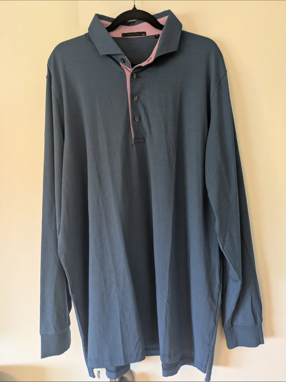 Greyson Slate Blue Long-Sleeve Polo Shirt with Pink Contrast Trim- XXL (NWOT)